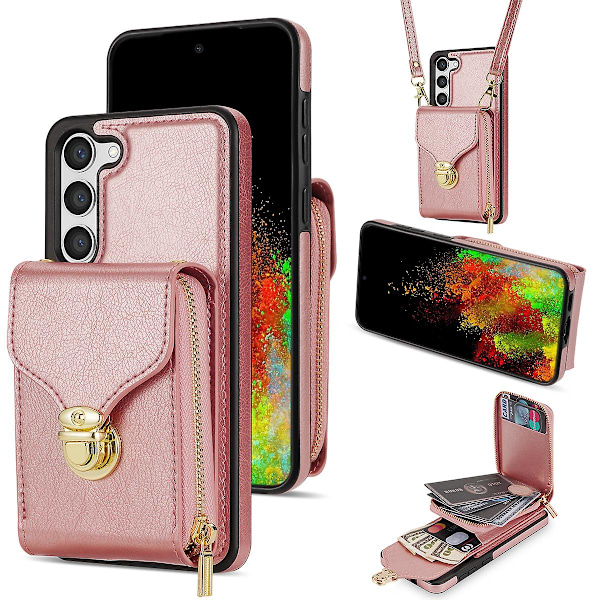 For Samsung Galaxy S24+ Etui i PU-lær + TPU Kickstand Telefondeksel med Skulderstropp Rose Gold