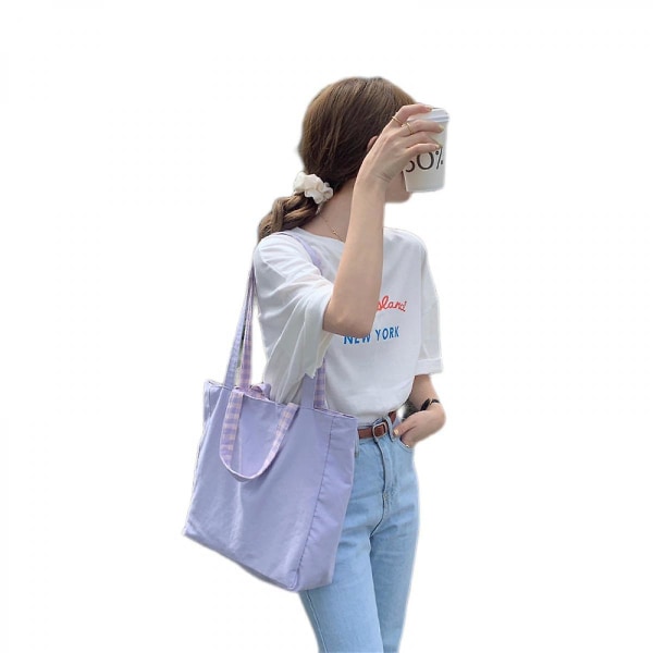 Simple Plaid Shoulder Bag Student Female Leisure Dual-purpose Canvas Bag Casual Shopping Tote Purple)