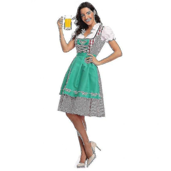 Høj kvalitet traditionel tysk ternet Dirndl kjole Oktoberfest kostume outfit til voksne kvinder Halloween fancy fest Style3 Green XL