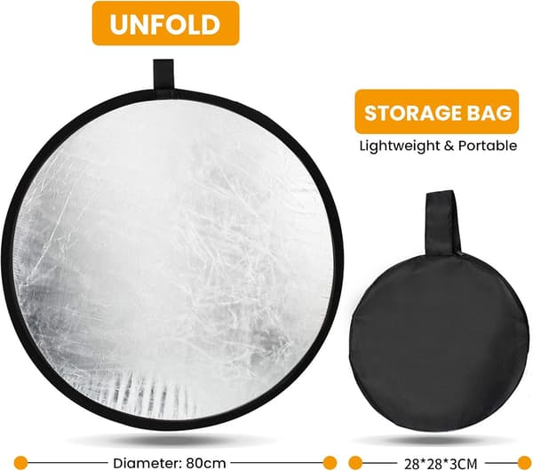 Fotografi Reflektor 2 i 1 Lysdiffuser 80cm Sølv Hvit Sammenleggbar Lysreflektor for Kamera Fotostudio Studiobelysning (80cm)