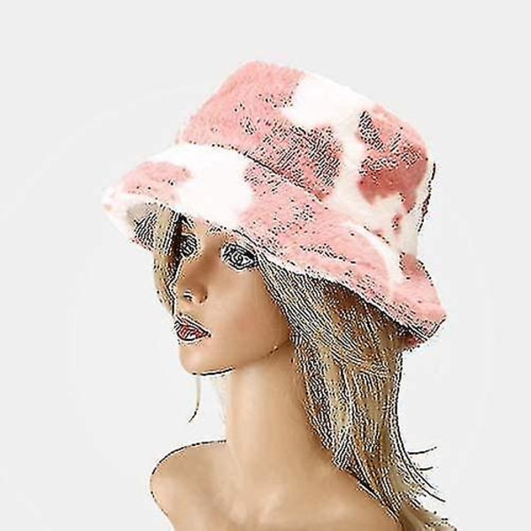 Vinterfårfällhatt i hinkmodell, fluffig varm hatt för kvinnor och män, ko-print rosa