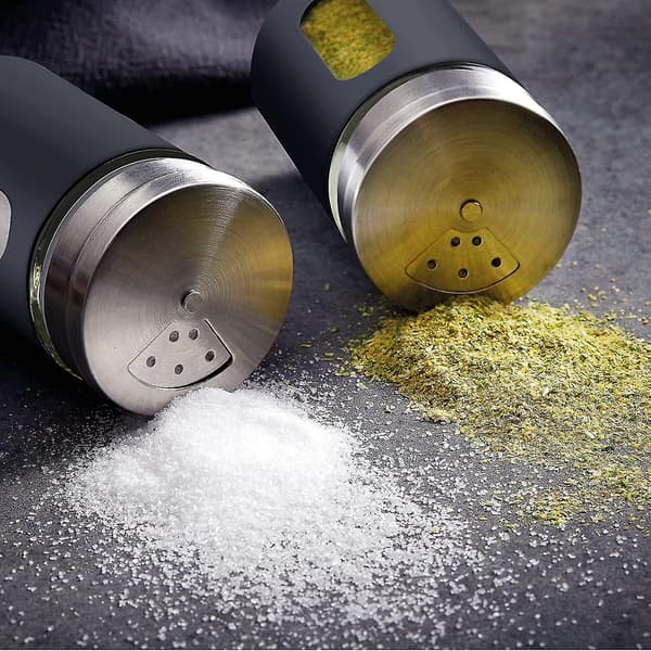 Sort Sæt af 2 80ml Rustfrit Stål Krydderikrukker - Med Krukkevisning og 3 Drysningstilstande