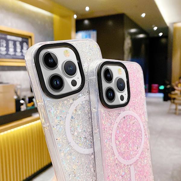 Glitter TPU + Akryl Telefonfodral Kompatibelt med MagSafe Stötsäkert Baksida för iPhone 15 White
