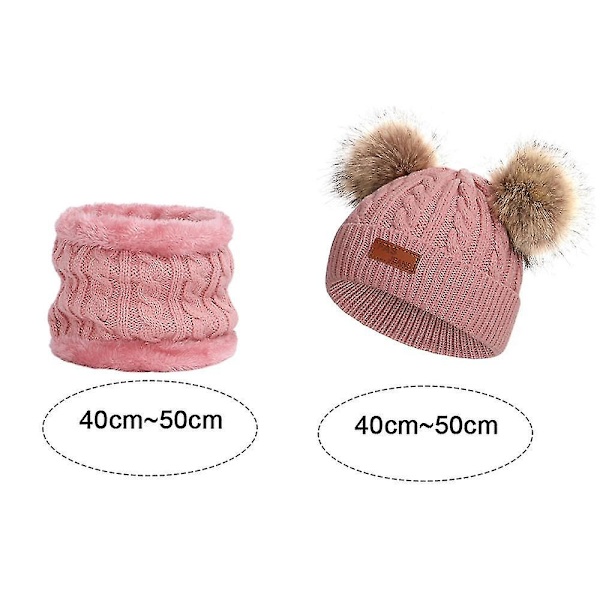 Toddler-hatt i vinterfärg med dubbla pompom-stickade mössor och halsduk i samma färg style 4