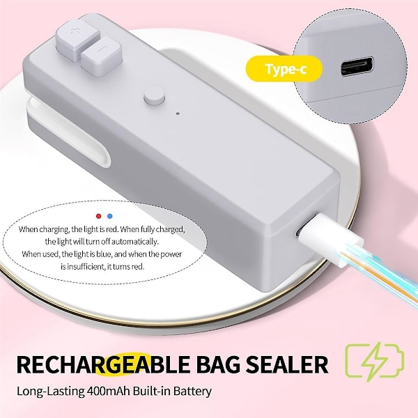 Bag Sealer, 3 i 1 Mini Bag Sealer Varmeforsegling Med Kutter & Magnet, Genopladelig Mini Chip Bag Vacuu