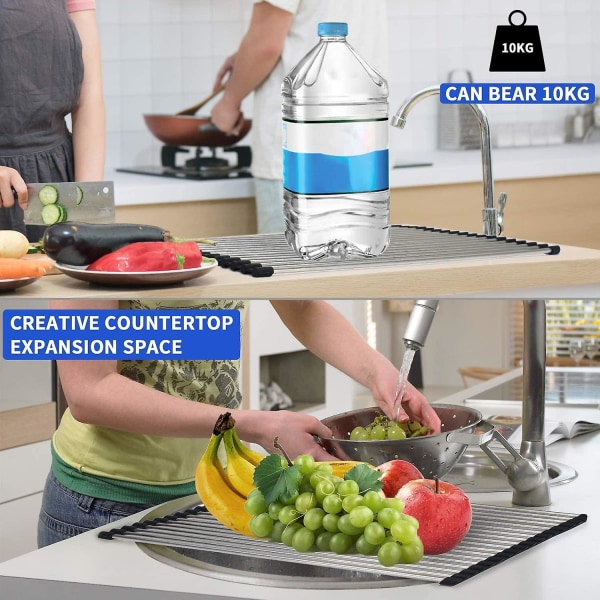 Sammenklappelig opvaskestativ | Kraftig opvaskestativ i rustfrit stål til service, tallerkener, kopper, flasker (sort)