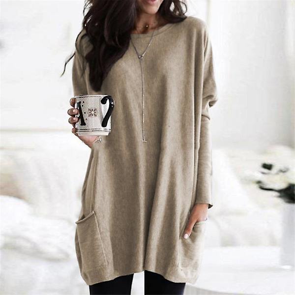 Naisten Pluskokoinen Pitkähihainen Tunikapaita Pyöreäkaula-aukko Kevyt Hihallinen Huppari Rento Ylisuuri T-paita Taskuilla (S-5X) beige 4XL