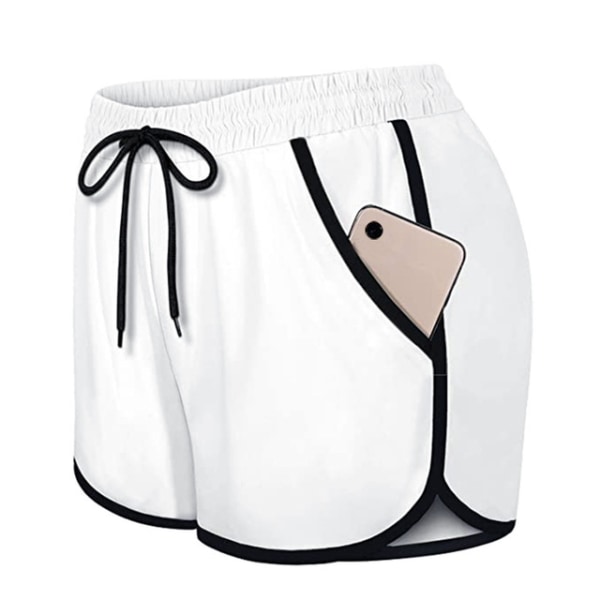 Naisten kaksikerroksiset kiristysnyörillä joustavat vyötäröiset urheilushortsit taskuilla, valkoinen-S White S