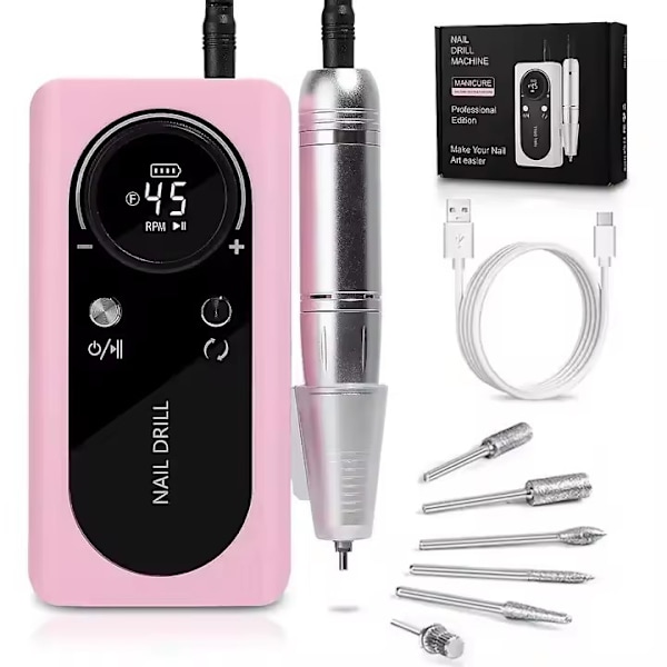 Laddningsbar Elektrisk Nagelfil för Akryl Gel Naglar Manikyr Pedikyr Set Nagelsalong, Rosa
