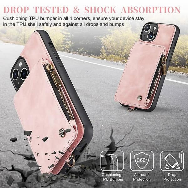 Caseme C20 Multifunktionellt RFID Läder Mobilskal för Iphone 15 Pink 15 Plus