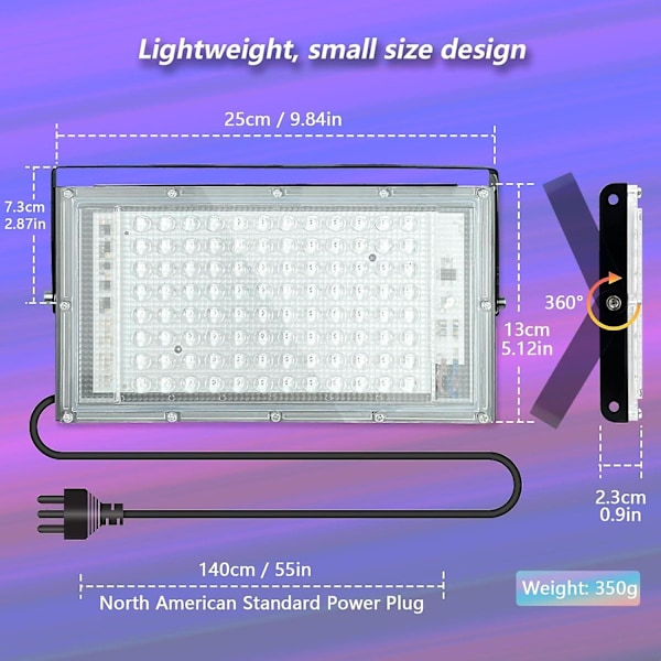 100W LED UV Sort Lys, Kraftfuld UV Spotlight, IP66, 395nm UV Lampe til Jul, Halloween Glow Party (2 Pakker) 2pcs