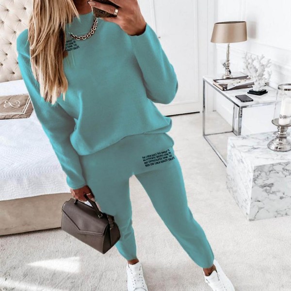 Women's Tracksuit Two Pieces Autumn Fashion Solid Casual Long Sleeve Pullover Outfits High Waist Bandage Pants Oversized Hoodies Lake Blue(72724) S