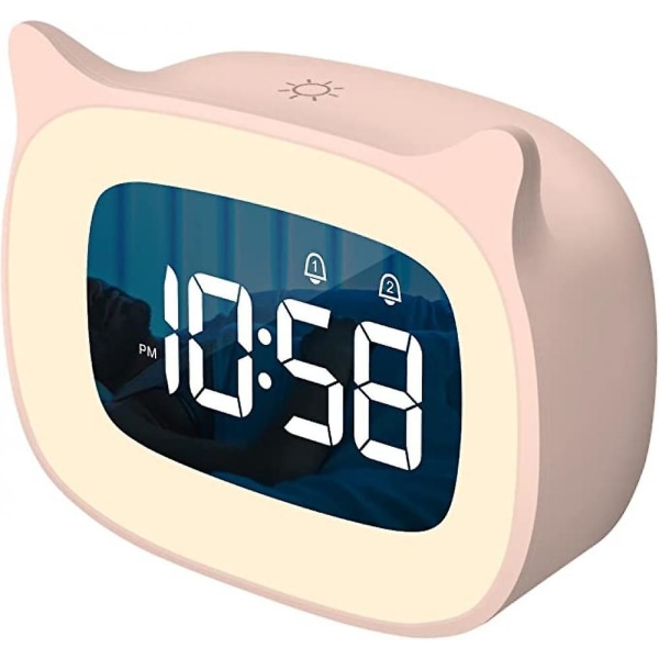 Børnevækkeur med natlys Trinløs dæmpning, søde katteøre digitalt ur til drenge og piger, 5 minutters alarm (pink)