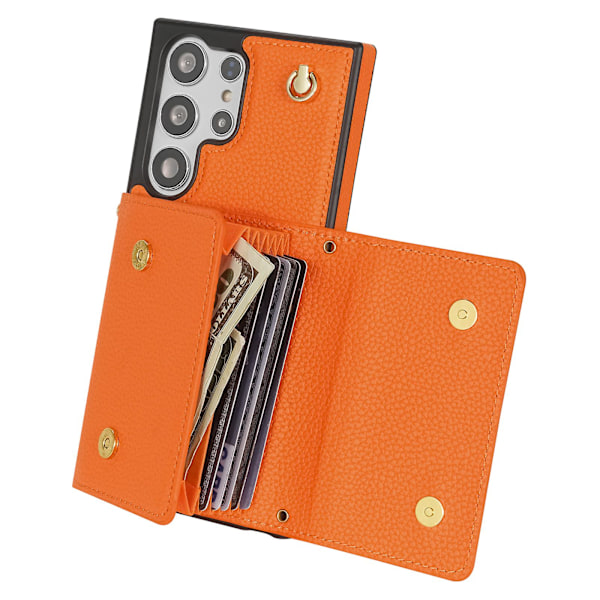 Fodral för Samsung Galaxy S24 Ultra med kortfack i läder + TPU-skydd med axelrem Orange