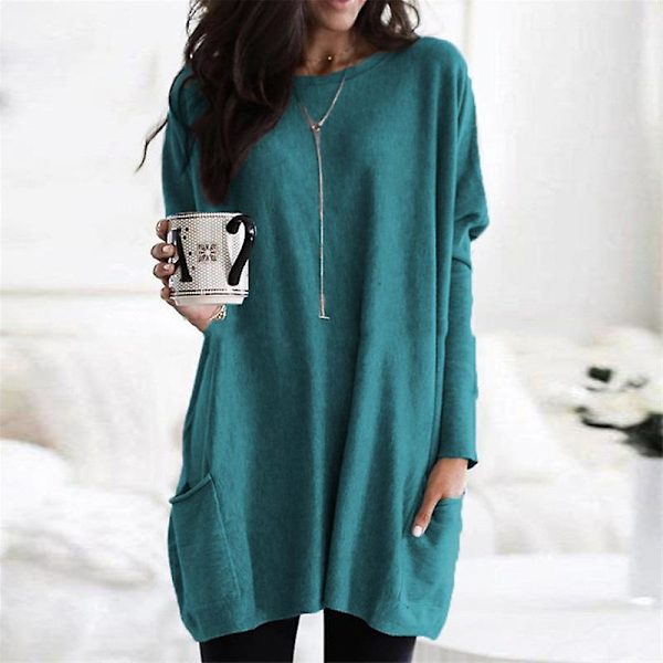 Dam Tunika Toppar i Stor Storlek, Långärmad, Rundhalsad, Lättvikts Sweatshirt, Casual Oversized T-shirt med Fickor (S-5X) sky blue 4XL