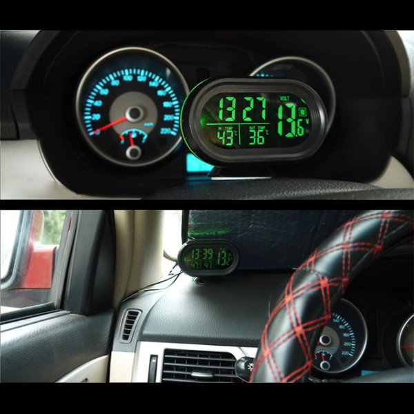 Grøn 12v Bil Digital Termometer Voltmeter Ur Alarm Monitor Multifunktionsmåler