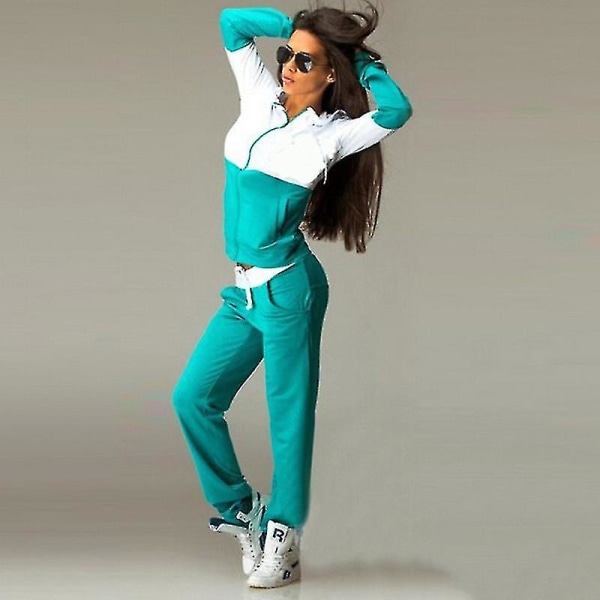 Dame træningsdragt jogging sportstøj lynlås hættetrøje sweatshirt bukser sæt afslappet Green L