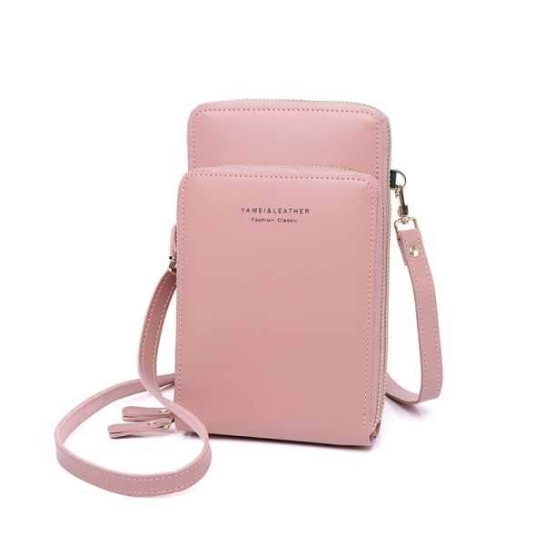 Mobiltelefon Crossbody-taske til kvinder - Lille PU-læderpung til kvinder med kortpladser og lynlås og rem Pink