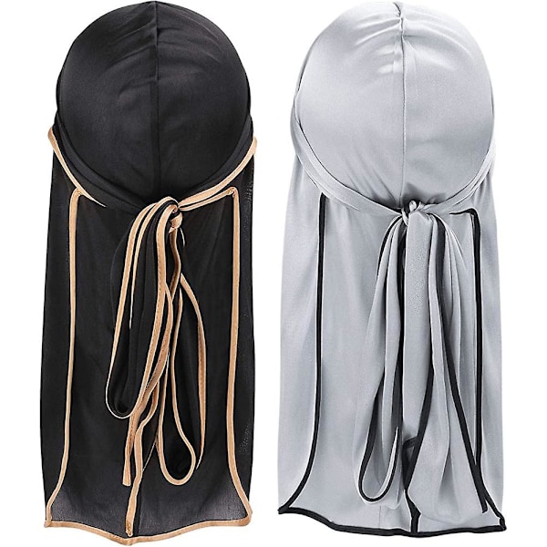 Lang Durag med Haler, Kereda 2 stk Acsergery Silke Durag 360 Bølger Unisex Durag Hat Hovedbind Gave