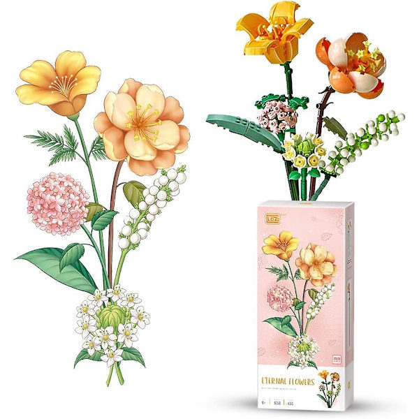 Dekorativ Blomsterbuket Byggeklodser Kunstige Blomster Mini Mursten Blomst Med Elegant Æske (ca. 1657 Byggeklodser Ekskl. Vase) 1658 Sunshine Vitality Orange