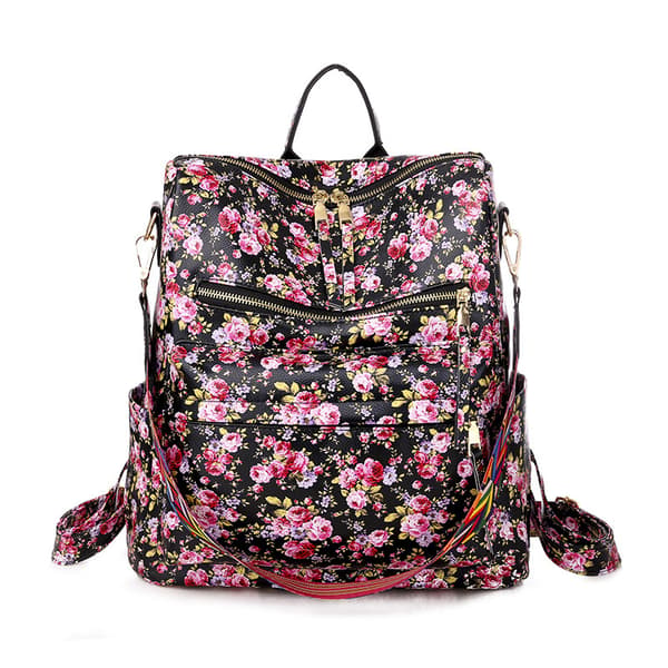 Retro Ryggsäck för Kvinnor med Stor Kapacitet Flower Black