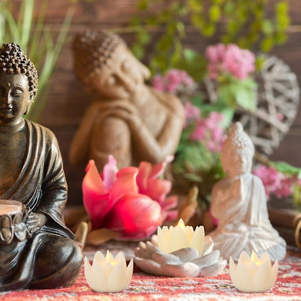 6 stk. LED Lotus Bordlys, 7,5*3cm Lotuslamper Elektroniske Buddhistiske Lys Batteridrevne Buddha Flimrende Varmt Hvidt Lys