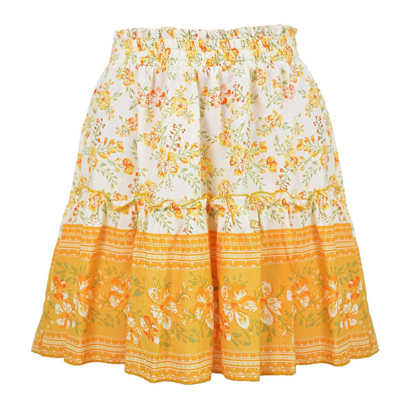 Women Ruffle Hem Skirt Floral Printed Elastic Ethnic Short Skirt For Summer Spring Autumn