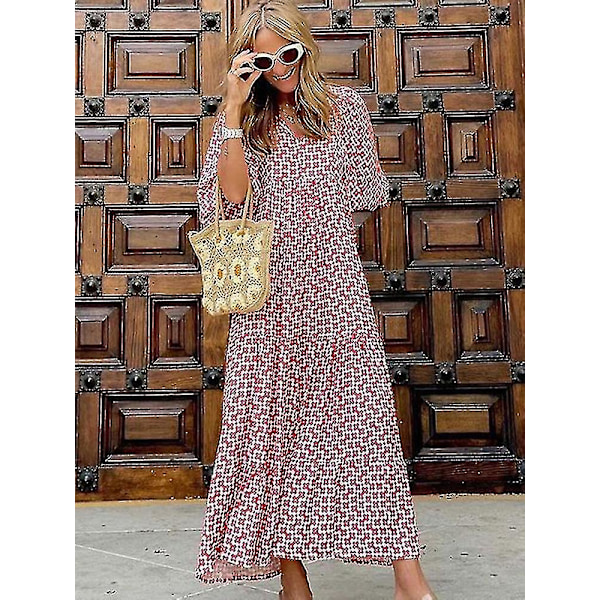 Sommar Klänning med Puffärmar Lång Kvinna Lös Boho Blommig Klänning Mode Semester Strand Vintage Klänning Elegant Geometrisk Tryck Vestido Red XXL
