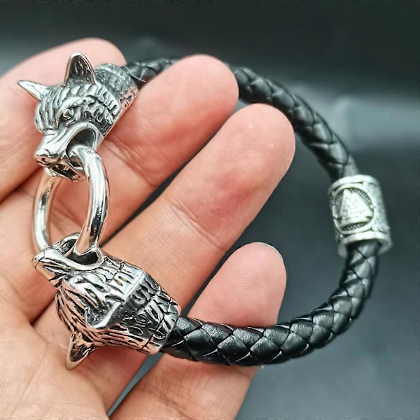 Viking Rune Perle Ulvehoved Armbånd Rustfrit Stål Læderarmbånd black style 2