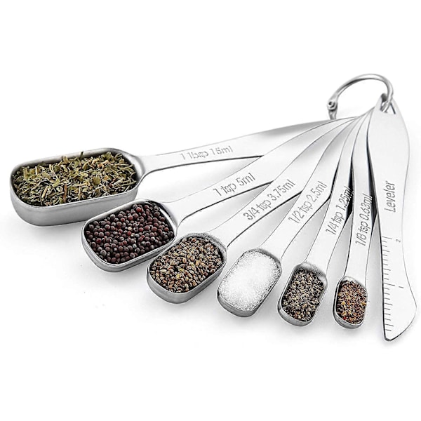 Mätsskedar i rostfritt stål för torra eller flytande ingredienser, passar i kryddburkar, set om 7 (H-4)