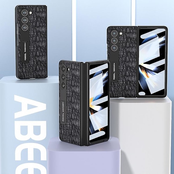 Til Samsung Galaxy Z Fold5 Abeel Integreret Ægte Læder Sky Series Mobiltelefon Etui Med Holder Black