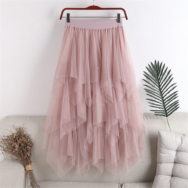 Uregelmæssig mesh splejsning mellemlang ensfarvet nederdel pink