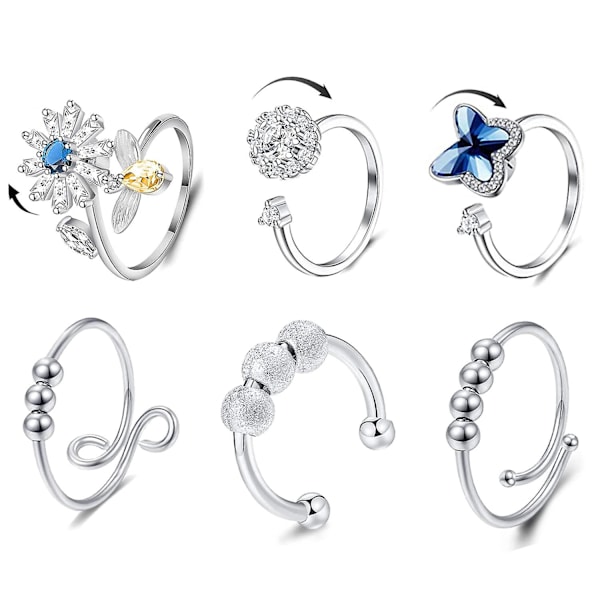 6PCS Anti-angst Fidget Ring for Kvinner, Åpen Justerbar Ring, Bee Daisy Rings Set for Kvinner Jenter Stress Relief