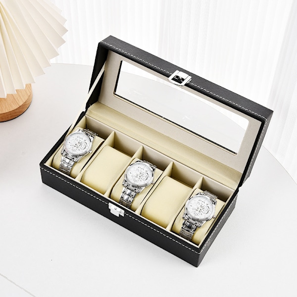 Klocklåda i läder med 5 fack, klockfodral, display, klocksmyckesorganisatör, män och kvinnor 5-digit watch box