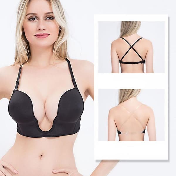 Dyp U-bh for kvinner, push-up, multiway, sømløs, lavt kutt black C cup