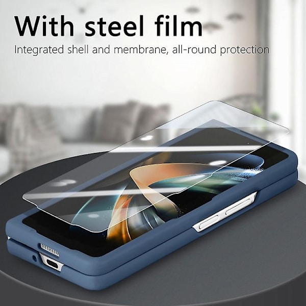 Skyddande Skal för Samsung Galaxy Z Fold4 med Integrerad Film, Retro Skin-Känsla, Vikbart Läder Blue
