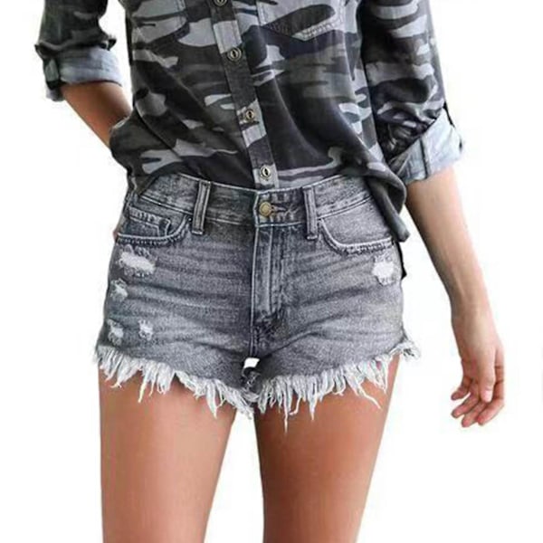 Dame Denim Shorts Mid Waist Ripped Raw Hem Jeans Shorts Til Sommer Gray XL