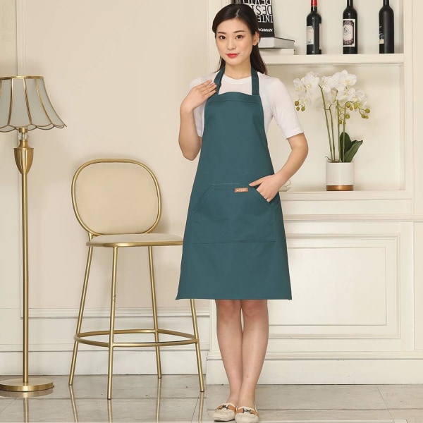 Women's Bib Apron with Pockets - Canvas Aprons with Adjustable Neck for Waitress Restaurant Servers Chefs Dark Green