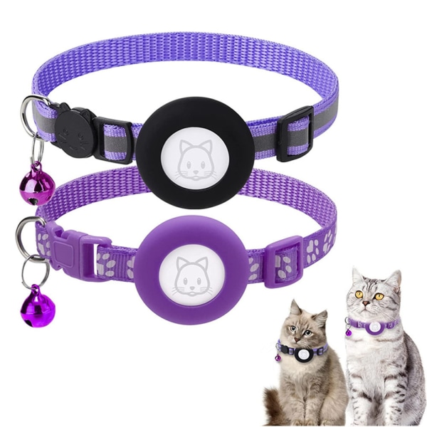 Set of 2 pet cat Airtag reflective collars with bells 2 pcs purple