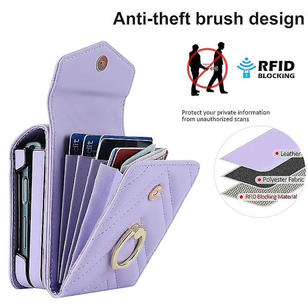 Til Samsung Galaxy Z Flip5 V-formet RFID Kortlomme Mobiltelefonetui Med Ringholder Purple