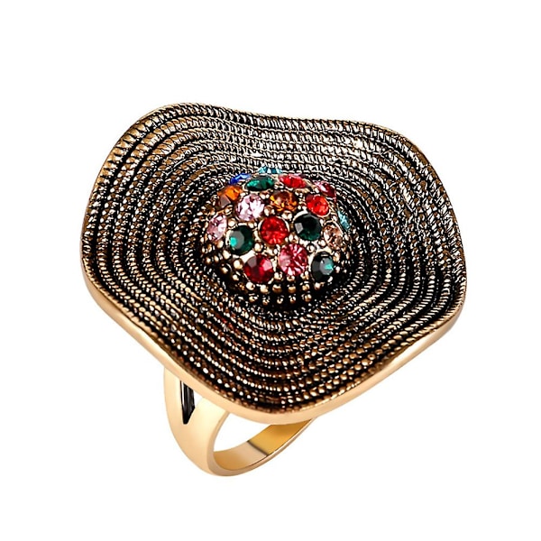 Boho Vintage Naisten Kiiltävä Strasski Hääjuhla Cocktail-Sormus Korut Lahja Golden + Multicolor US 10