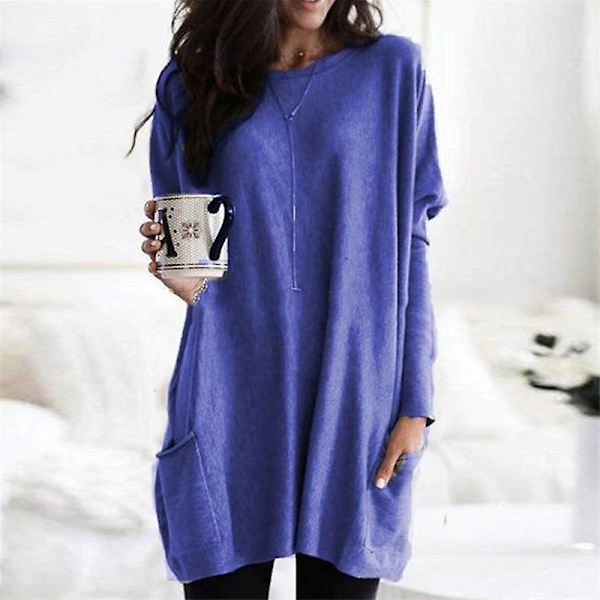 Dam Tunika Toppar i Stor Storlek, Långärmad, Rundhalsad, Lättvikts Sweatshirt, Casual Oversized T-shirt med Fickor (S-5X) blue 4XL