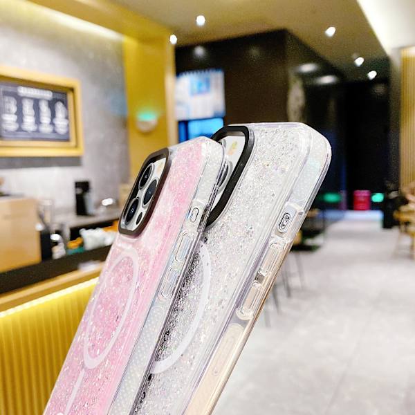 For iPhone 15 Glitter TPU + Akryl Telefondeksel Kompatibel med MagSafe Støtsikker Bakdeksel Pink