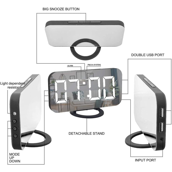 Digitalt vækkeur 6-tommer stort LED-display, dobbelt USB-opladerport Autodæmpningstilstand | Nem snooze-funktion, moderne spejl skrivebordsvægur