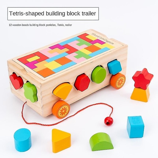 Børns træklodser, bilpusleslængevogn, forskellige former og farver, baby legetøj-(tetris)