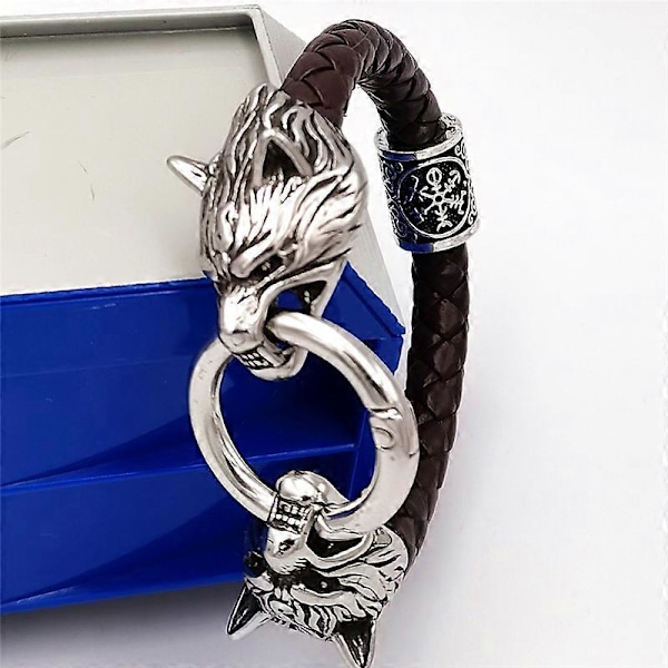 Viking Rune Perle Ulvehoved Armbånd Rustfrit Stål Læderarmbånd brown style 9