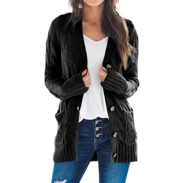 Dam Cardigan med Öppen Framkant och Fickor i Midilängd, Enfärgad Black 2XL