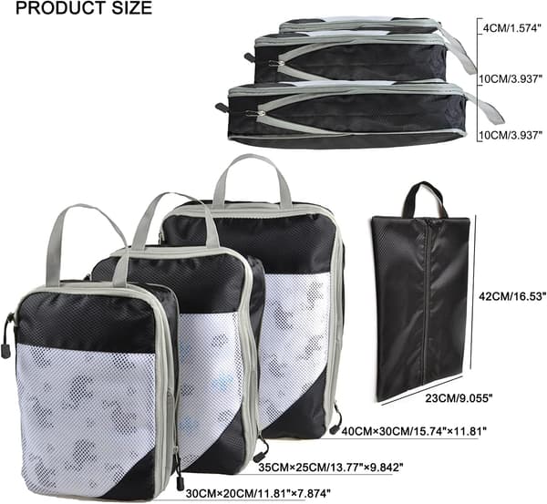 Set med packningskuber, kompressionsförpackning och skobag för resor