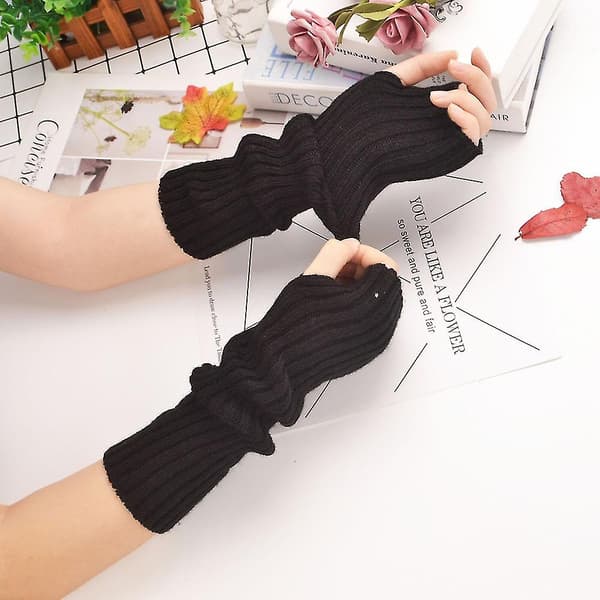 Håndløse Votter for Damer - Casual, Elastiske, Vintervarme, Lange Armvarmere, Ensfarget Black
