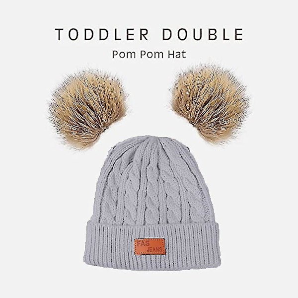 Toddler-hatt i vinterfärg med dubbla pompom-stickade mössor och halsduk i samma färg style 3